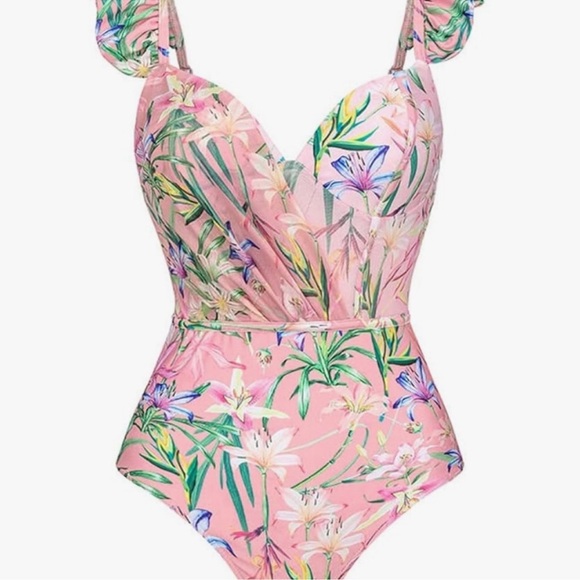NWT Floral Pink Ruffle Swimsuit and Cover-Up Set, SMALL and MEDIUM available. - Picture 5 of 7